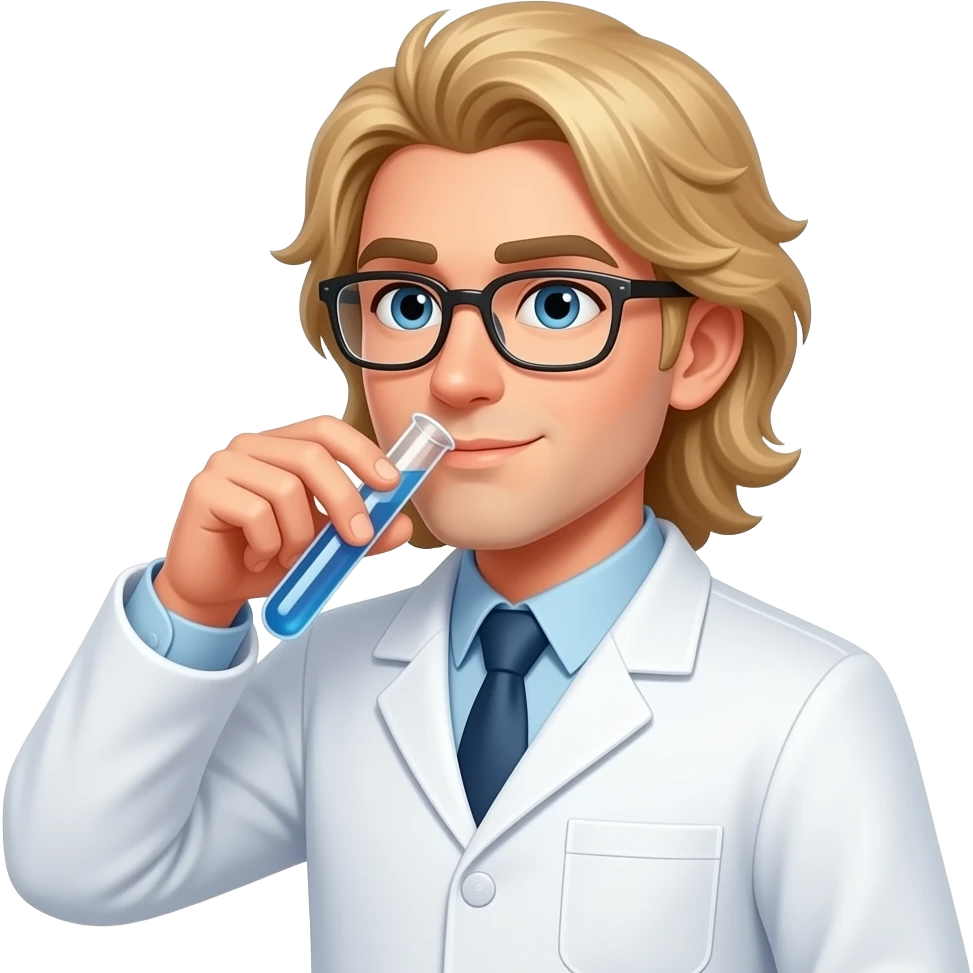 clean shaven male scientist with long blonde hair drinking from test tube emoji