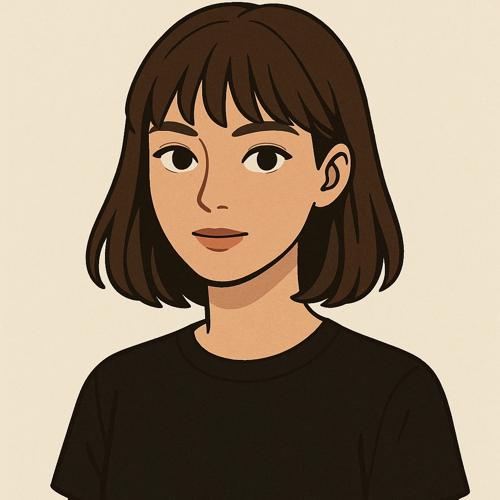 female character with brown hair and bangs, brown eyes, black shirt, minimal background, modern style emoji