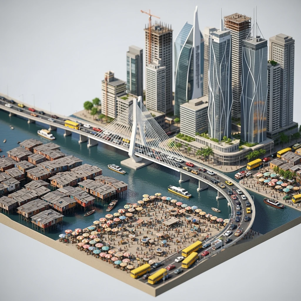 Isometric miniature of Lagos Lekki-Ikoyi Bridge, Eko Atlantic skyscrapers, Makoko slums, tin-roof shacks, chaotic markets, gridlocked traffic, 3D miniature effect and Tilt Shift effect, no cartoonish look, transparent background, don't cut angles emoji
