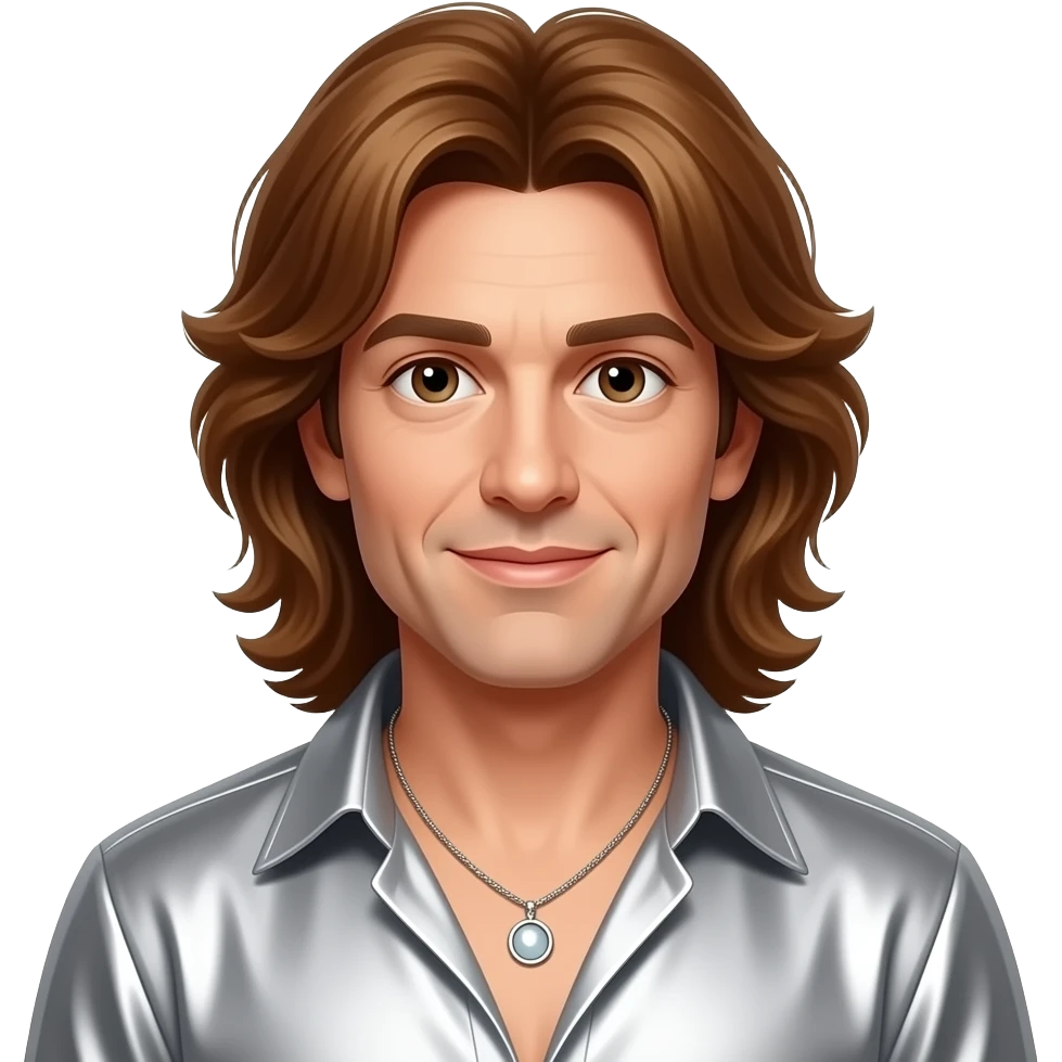 Robin Gibb from Bee Gees with brown eyes, long auburn hair, silver metallic open shirt, necklace emoji