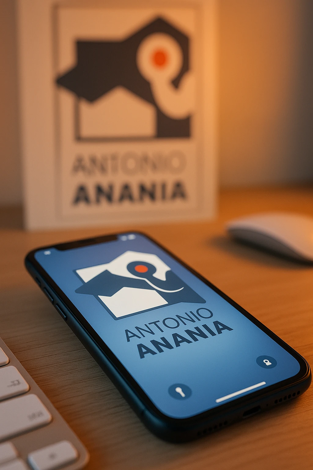 A photo of an iPhone on the desk with the logo of "Antonio Anania" on its screen, The phone sits atop a desk with a blurred with the logo in the background that suggests work environment. A faint glow from above casts gentle shadows across the surface of each object, creating depth and highlighting their textures emoji