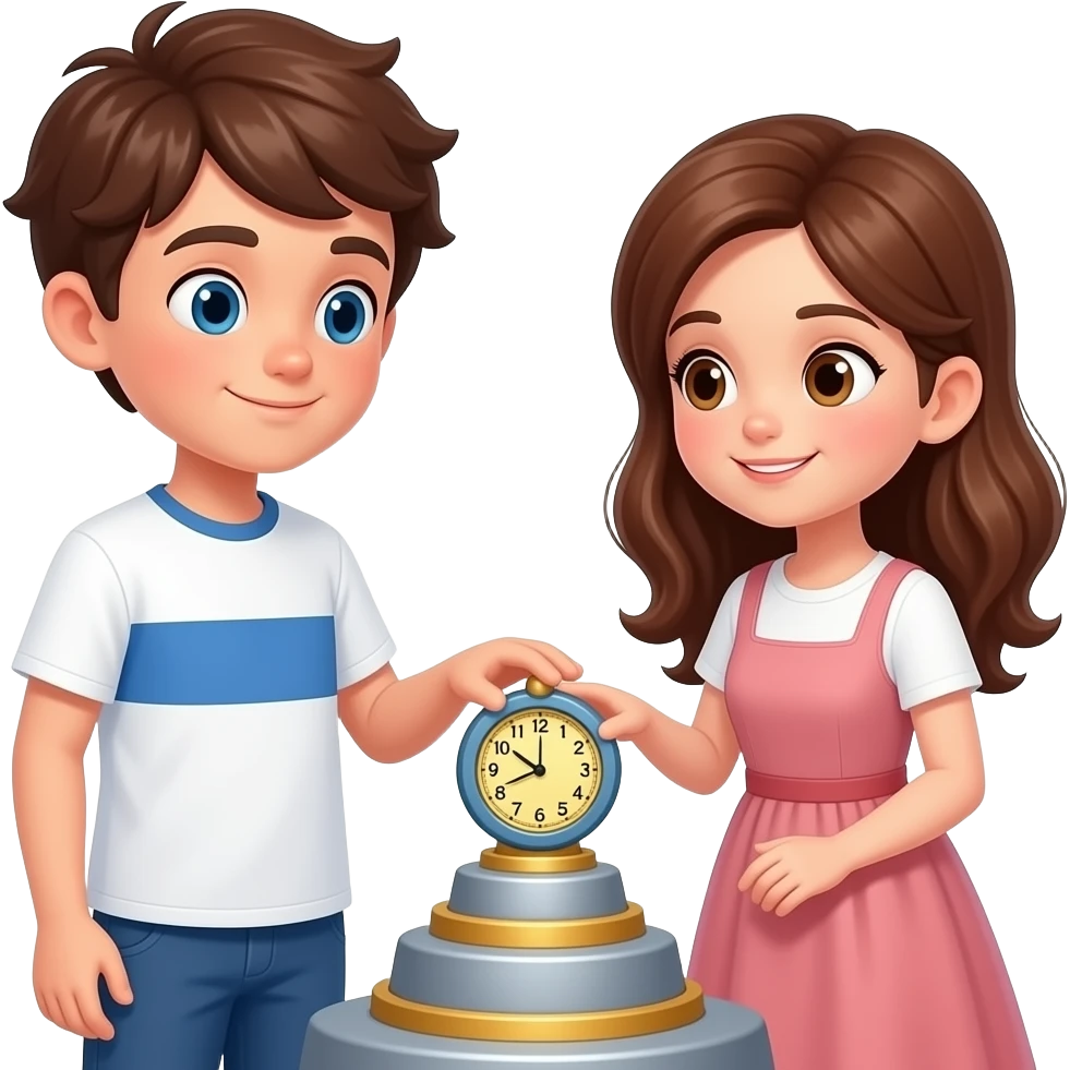 hacme una maquina del tiempo con un chico y una chica tocando la maquina del tiempo, la chica medio castanya con un peto de vestido i el chico castanyo con camiseta blanca y una raya azul emoji