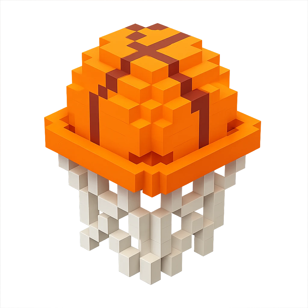 Voxel-style basketball in a net, variation 8 emoji