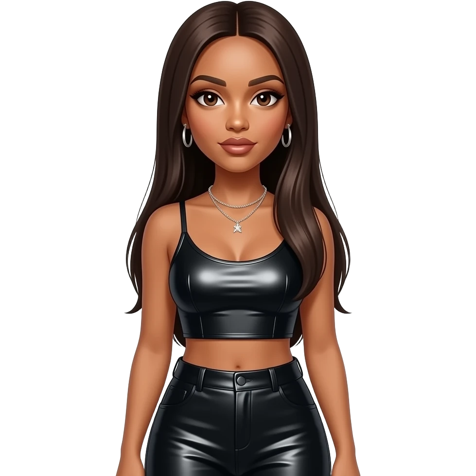 Aaliyah with dark brown eyes, long dark brown straight hair, black metallic crop top, black metallic wide leg pants, necklace and earrings emoji