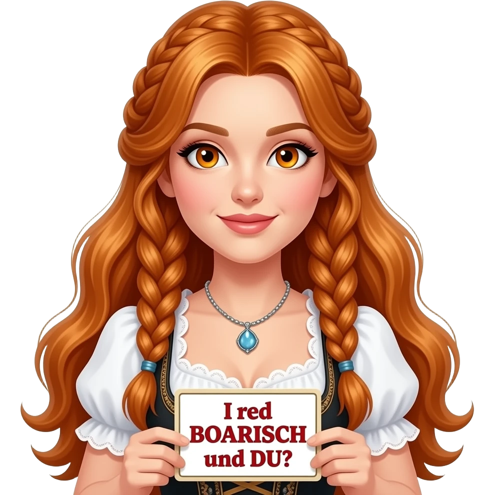 sexy girl with overlong ginger hair in braids and ginger eyes wearing a dirndl holding a I red BOARISCH und DU? sign emoji