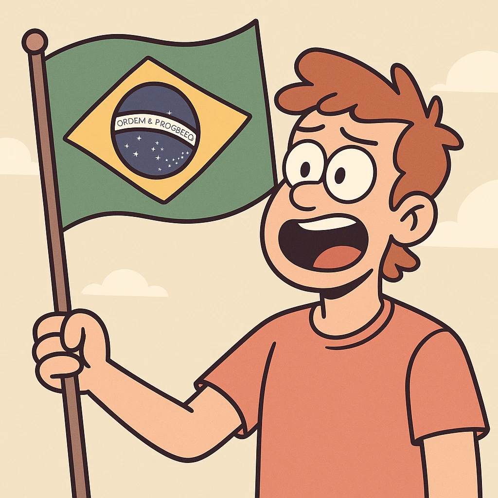 the Brazilian flag fluttering, cartoon style, bold lines emoji
