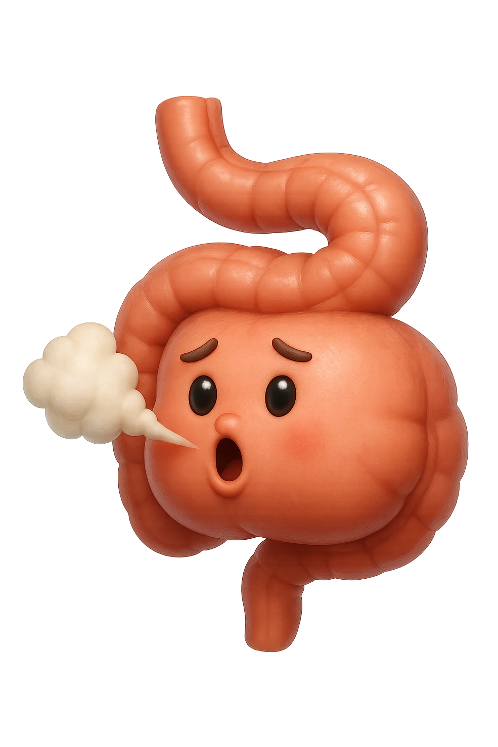 emoji stile iphone di un intestino che ingoia una nuvoletta di aria ben visibile e gli si gonfia la pancia, non fargli il naso, iperrealistico 4k emoji