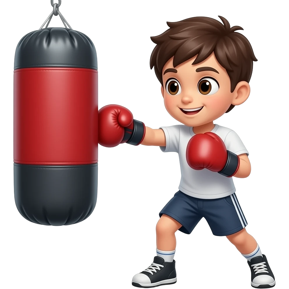 Niño de 8 años entrenando boxeo pelo castaño oscuro con mucha energia emoji