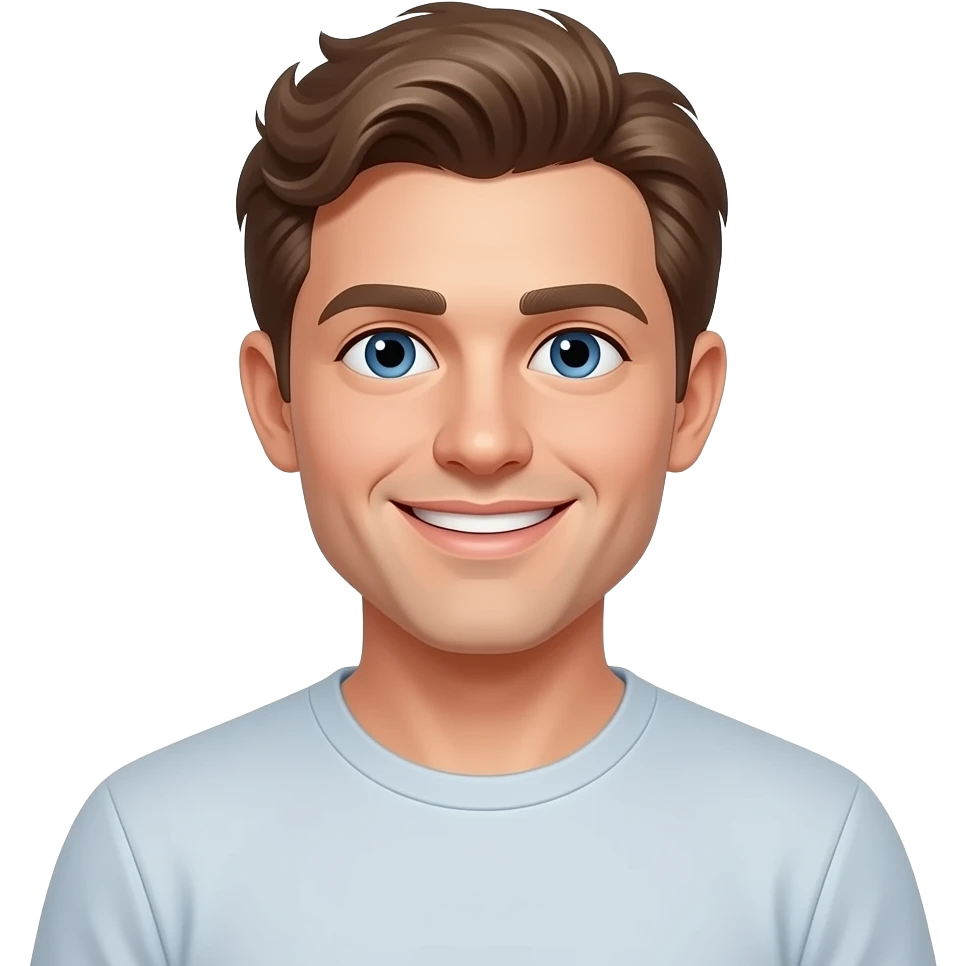 30 year old man, clean shaven, smiling with blue eyes and wavy brown hair, in t-shirt emoji