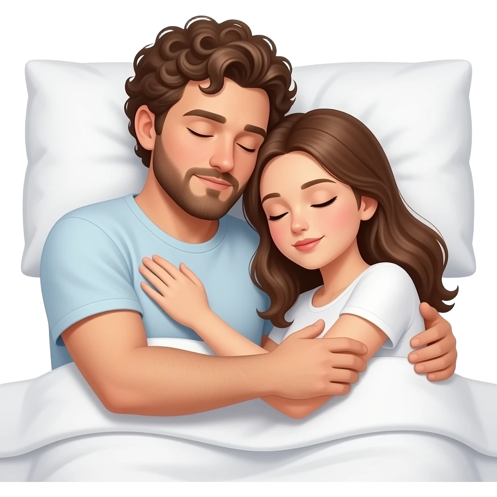 Realistic white man brown curly hair with beard hugging while sleeping in bed with realistic white girl brown hair emoji