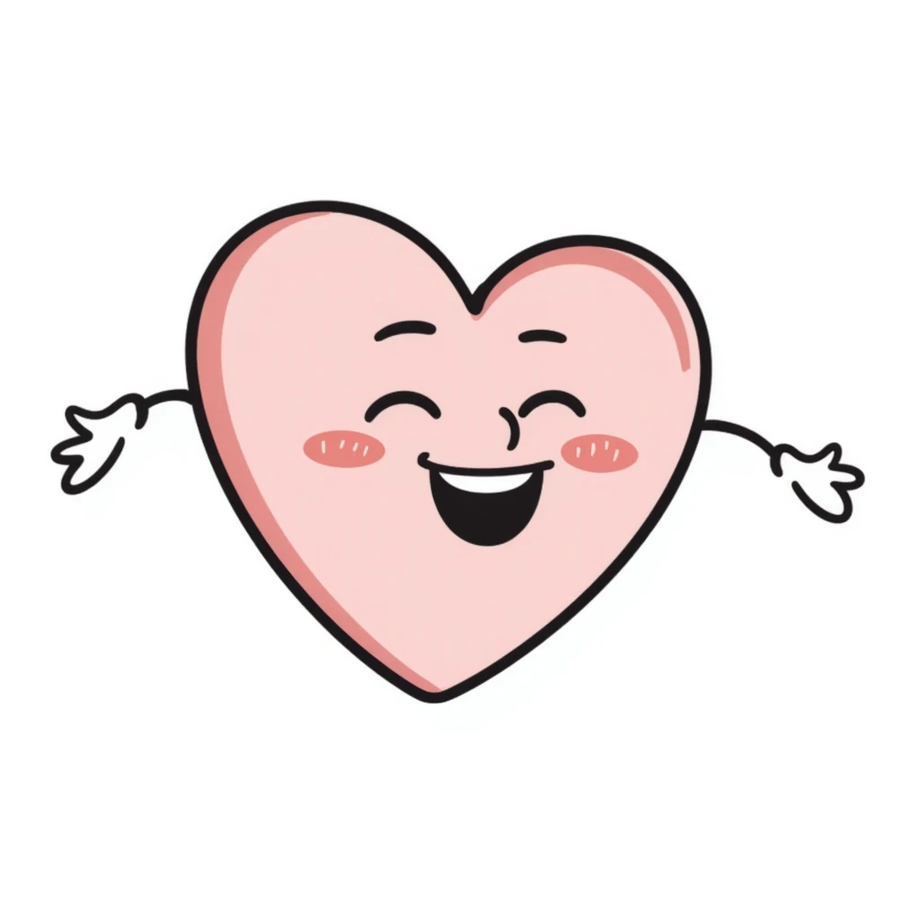 funny children's doodle of a heart with a big smile and tiny arms, pastel colors emoji