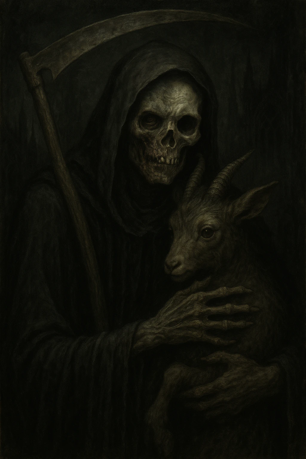 Grim reaper clutching a faun, face half skeletal, half decaying zombie, ominous and gothic style. emoji