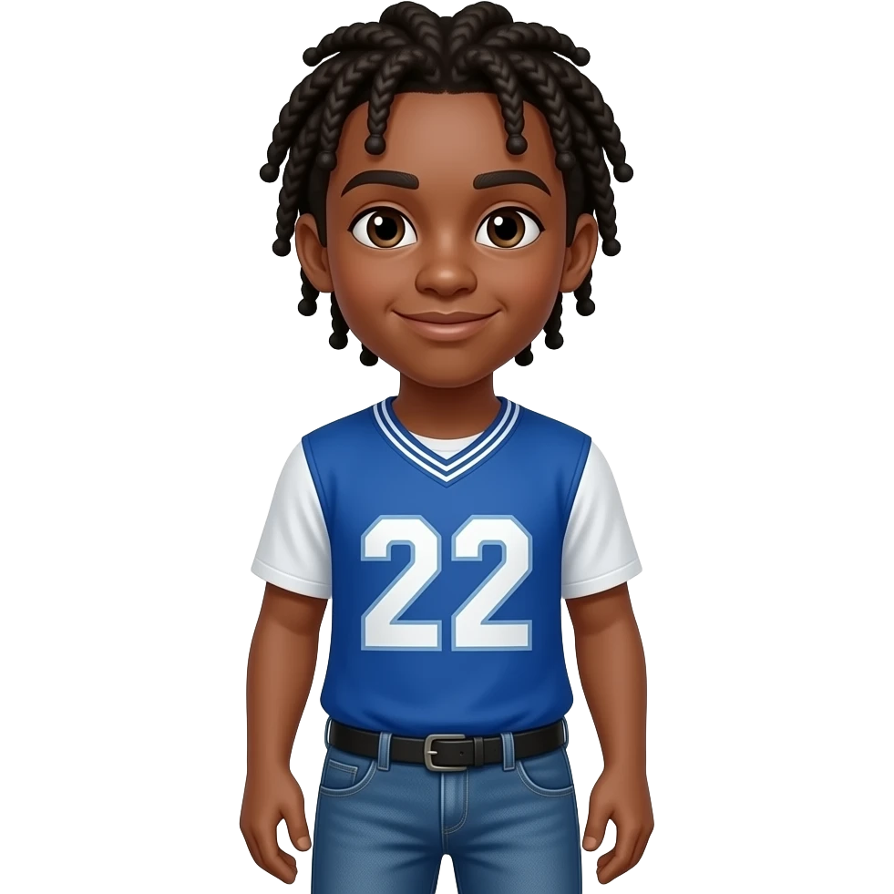 African American teenage boy with cornrows wearing a blue and white jersey shirt with 22 on it wearing jeans emoji