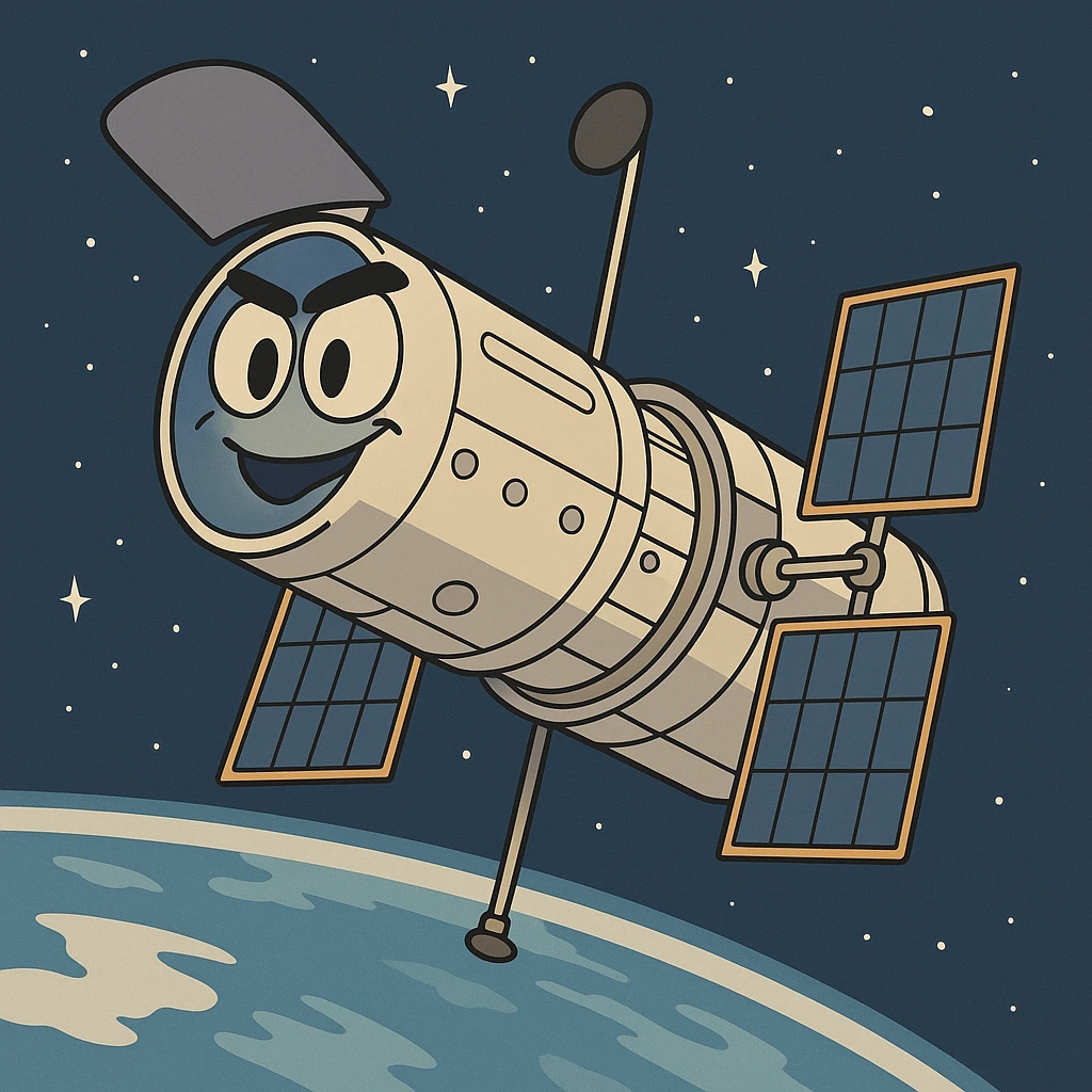 Hubble Space Telescope in orbit, cartoon style, with Earth visible below emoji