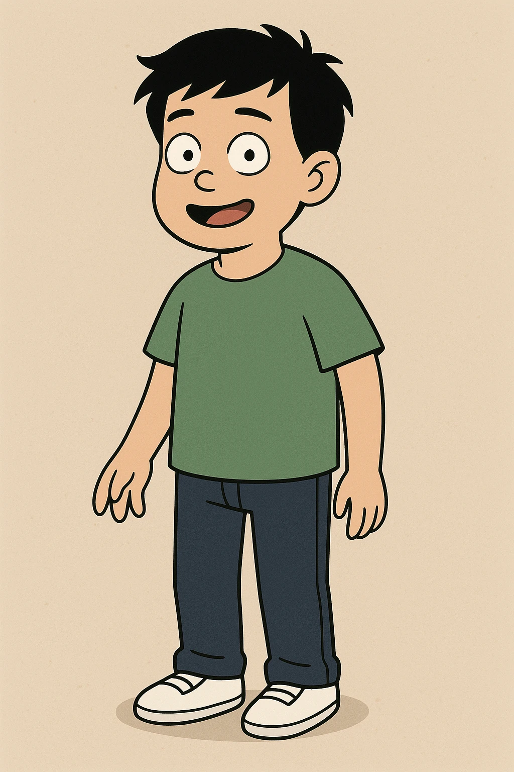 Chinese boy black hair green t-shirts dark blue jeans white shoes  emoji