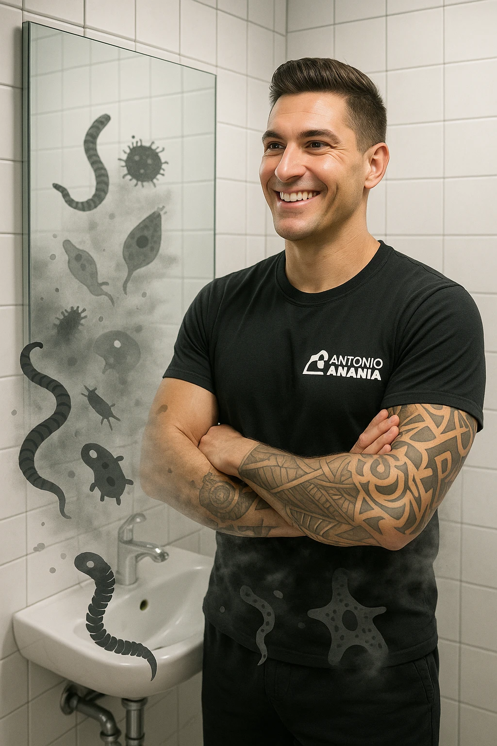 a man stands in a brightly lit bathroom, looking relieved and revitalized as he examines his reflection in the mirror. In the foreground, stylized, shadowy images of parasites (such as worms or protozoa) are shown leaving his body, dissolving into mist or fading away. His posture is upright and his expression is one of newfound energy and health. emoji