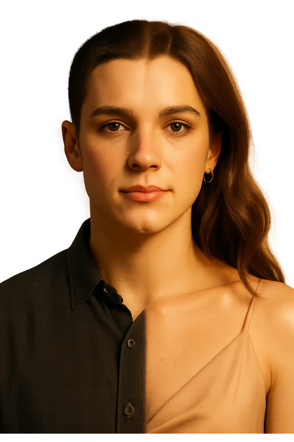 a split image—on the left, a man with short hair and masculine clothing; on the right, the same person with longer hair, makeup, and feminine attire. In the center, a gentle gradient blends the two sides, symbolizing the ongoing process of gender transition. The lighting is warm and the atmosphere is empowering. emoji