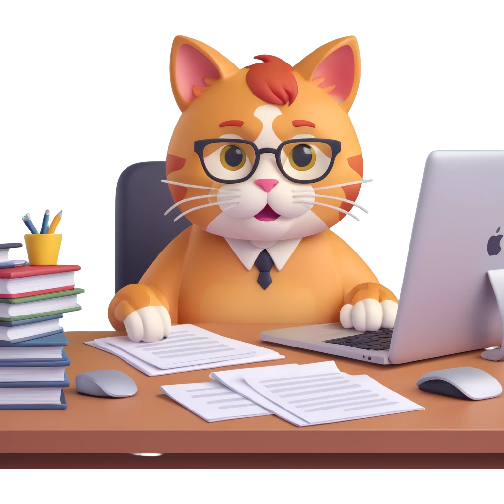 redhead cat at a desk with a MacBook, stacks of papers, looking stressed but cute emoji
