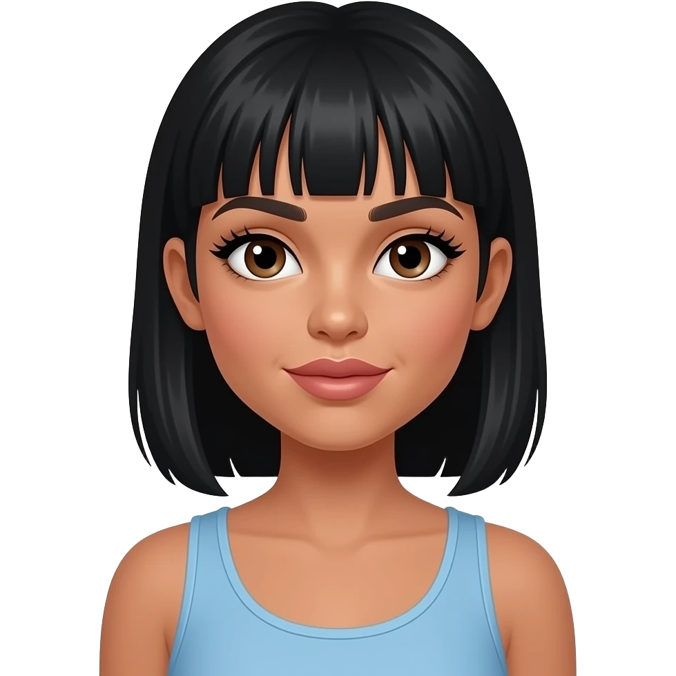 white girl, very beautiful woman, with big plump lips, long long lashes, black straight hair medium length with face framing pieces tucked behind ears, brown eyes, light blue tank emoji
