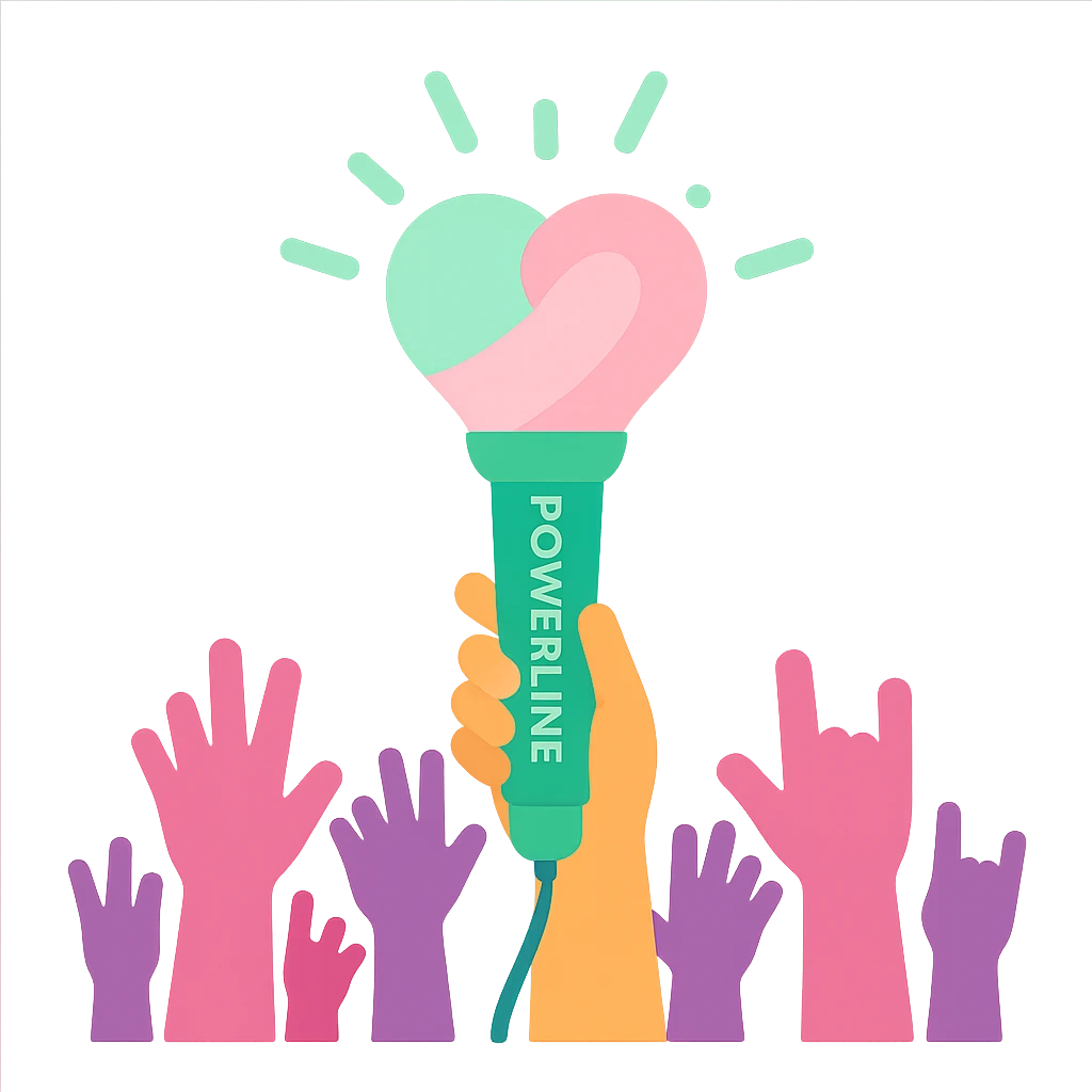 green and pink K-Pop lightstick with the keyword 'POWERLINE' on the handle, glowing, held up in a crowd at a concert, vibrant lighting emoji