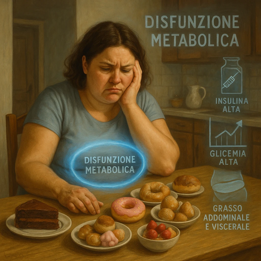realistic surreal symbolism; woman late 30s, slightly overweight, sitting tired at kitchen table with sweets in front; frustrated expression; blue halo around abdomen (metabolic dysfunction); transparent icons: high insulin, high blood sugar (graph with upward arrows), fat on belly and hips; writings in Italian emoji