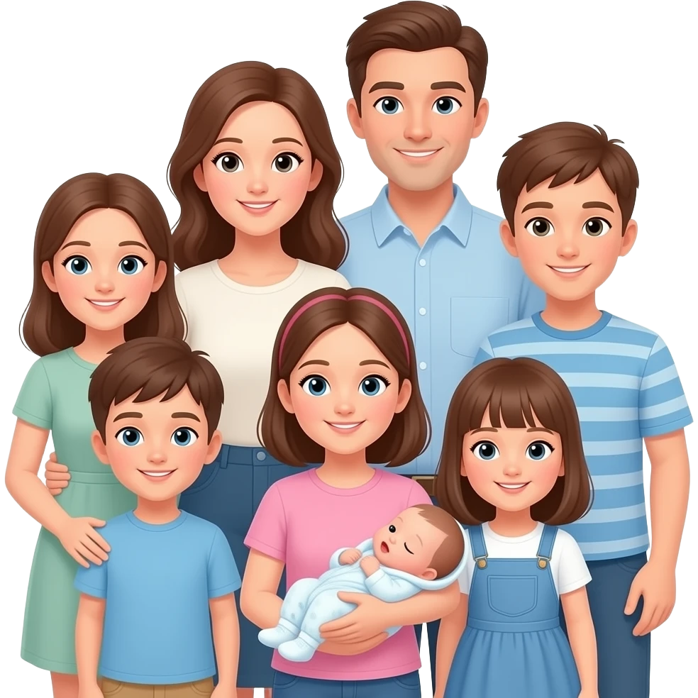 family of 8 white people and all with brown hair with 2 parents mom and dad with 6 kids 12 year old girl 10 year old boy 9 year old boy 8 year old girl small 2 year old girl being held and newborn girl emoji