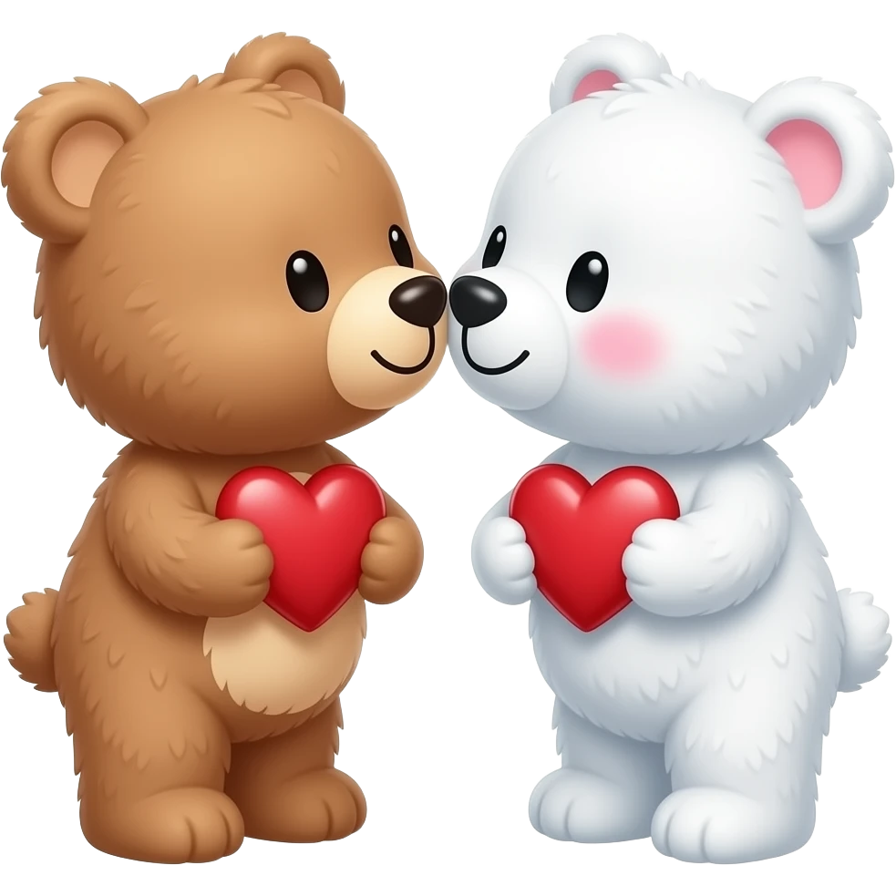 I want one light brown bear teddy kissing on cheek white bear teddy both holding heart , both a little furry, the  white bear blushes and smiles emoji