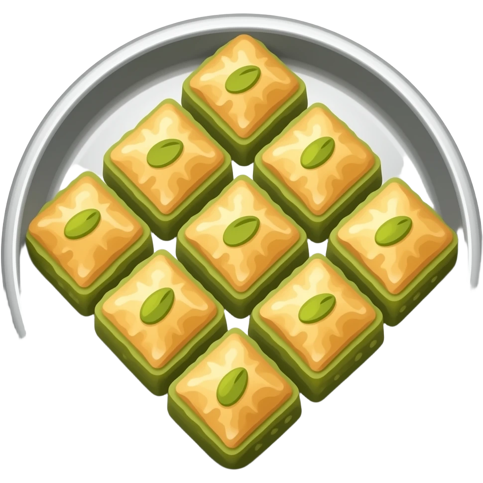 Yuvarlak gümüş bir tepside kare dilimlenmiş fıstıklı baklavalar emoji