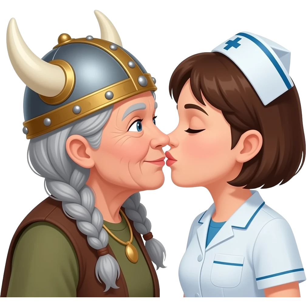 Viking hat gray braids old woman kissing old shortest hair brunette granny nurse emoji