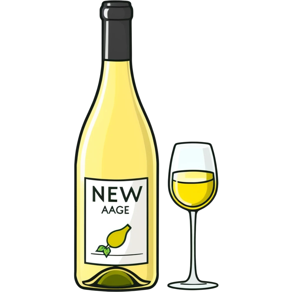 A bottle of white wine labeled New Age emoji