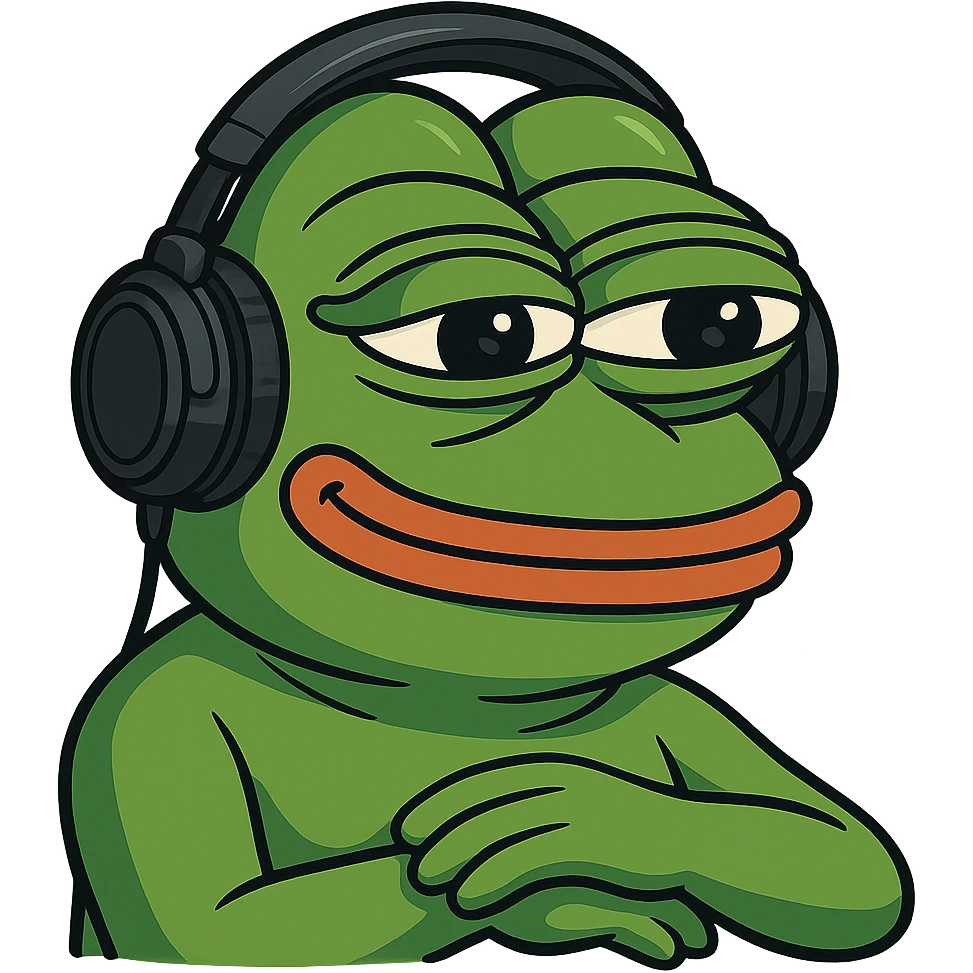 pepe the frog wearing headphones, relaxed and detailed, gpt-image style emoji