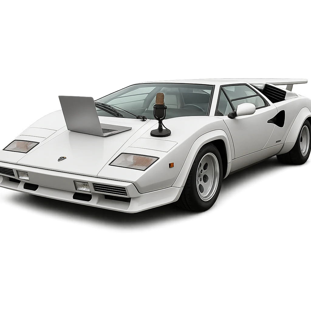 Lamborghini Countach with a laptop and recording microphone on the hood emoji