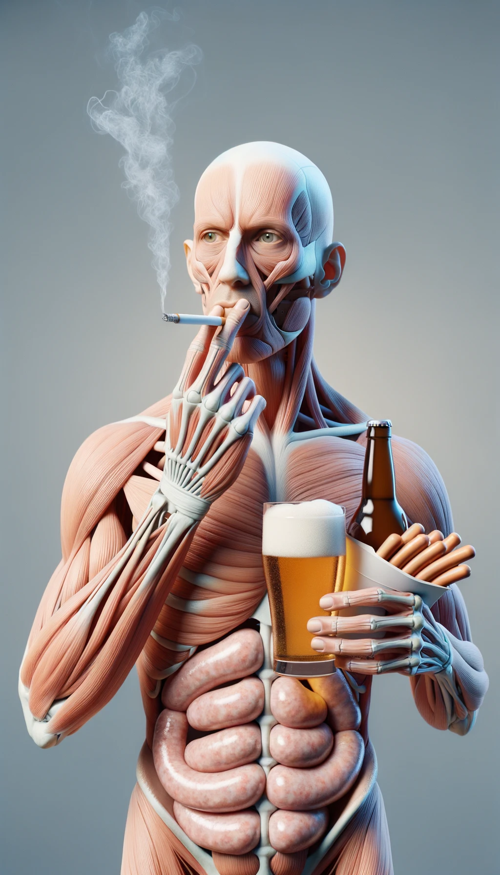 CORPO UMANO ANATOMICO TIENE UNA SIGARETTA IN BOCCA E STA FUMANDO MENTRE TIENE TRA LE BRACCIA UNA BIRRA E WURSTEL CONFEZIONATI, LI GUARDA CON ESPRESSIONE INDECISA IN VOLTO, NEUTRAL CLEAR BACKGROUND, iperrealistico 4k emoji