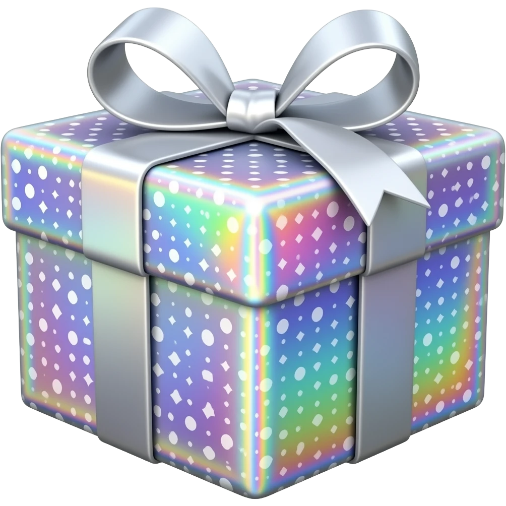 Hyperrealism wrapped gift, with a realistic, ultra detailed, while glitter. holographic emoji