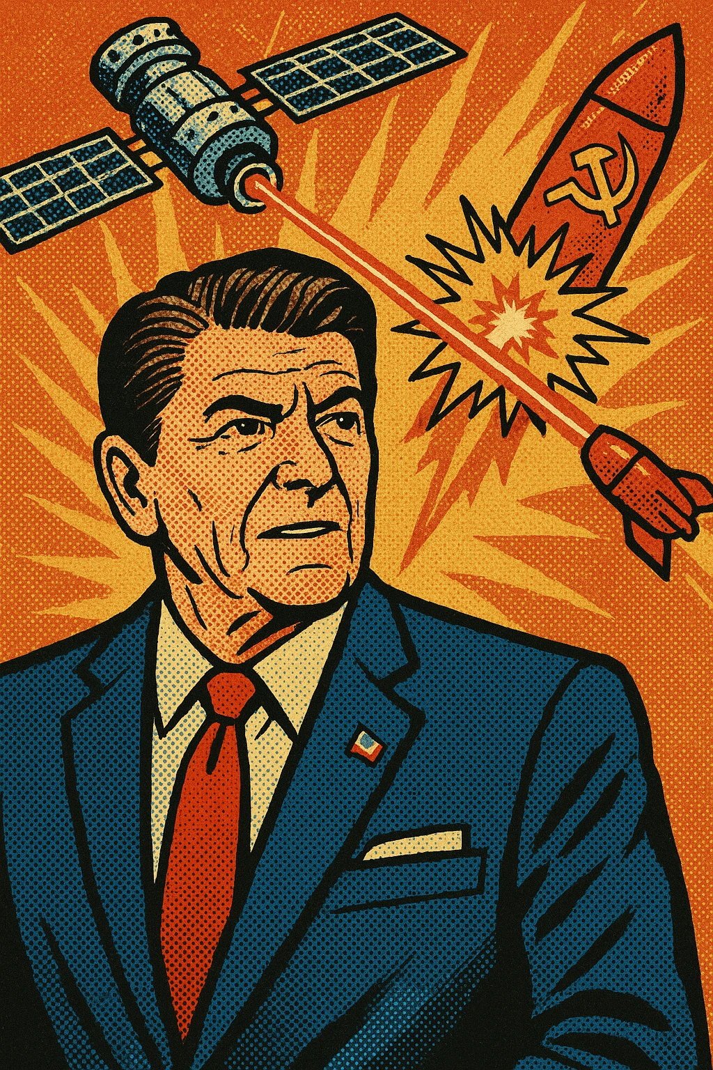 US President Reagan wearing a blue suit with a US flag badge standing in front of a background where you can see a US satellite with a laser shooting down a Soviet Union missile emoji