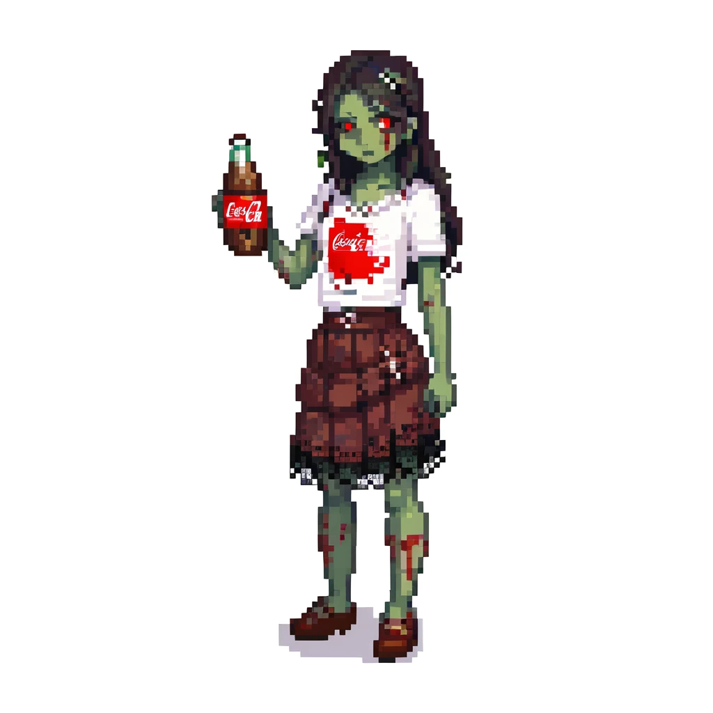 Generate an Asian girl, dark-haired, she's a zombie, wearing a skirt with lace, slightly torn,

Holding a bottle of Coca-Cola in her hands.

Background - a dark street in the style of Gotham City. emoji