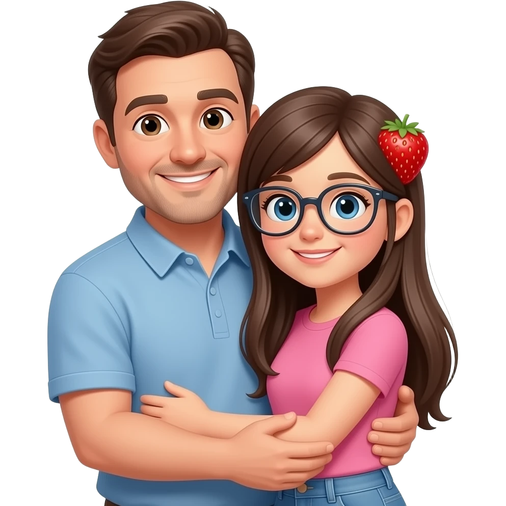 a dad and 13 year old girl hugging girl has long straight strawberry hair CLEAR glasses emoji