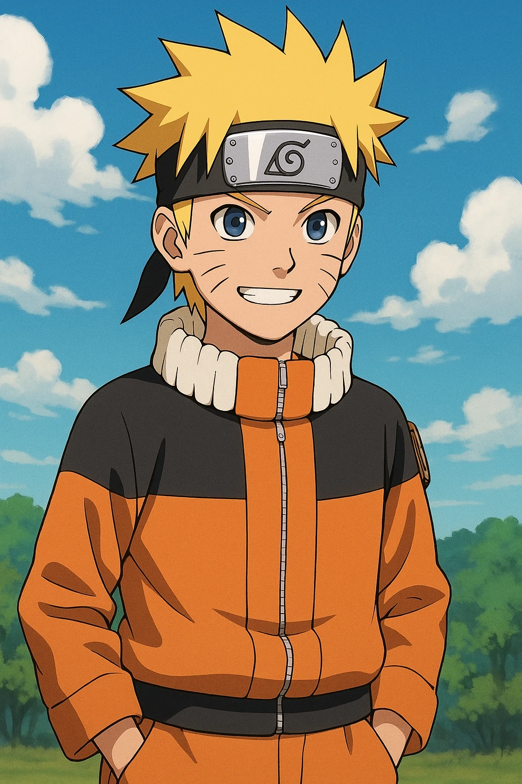Naruto character, anime style, spiky blond hair, orange jumpsuit, ninja headband emoji