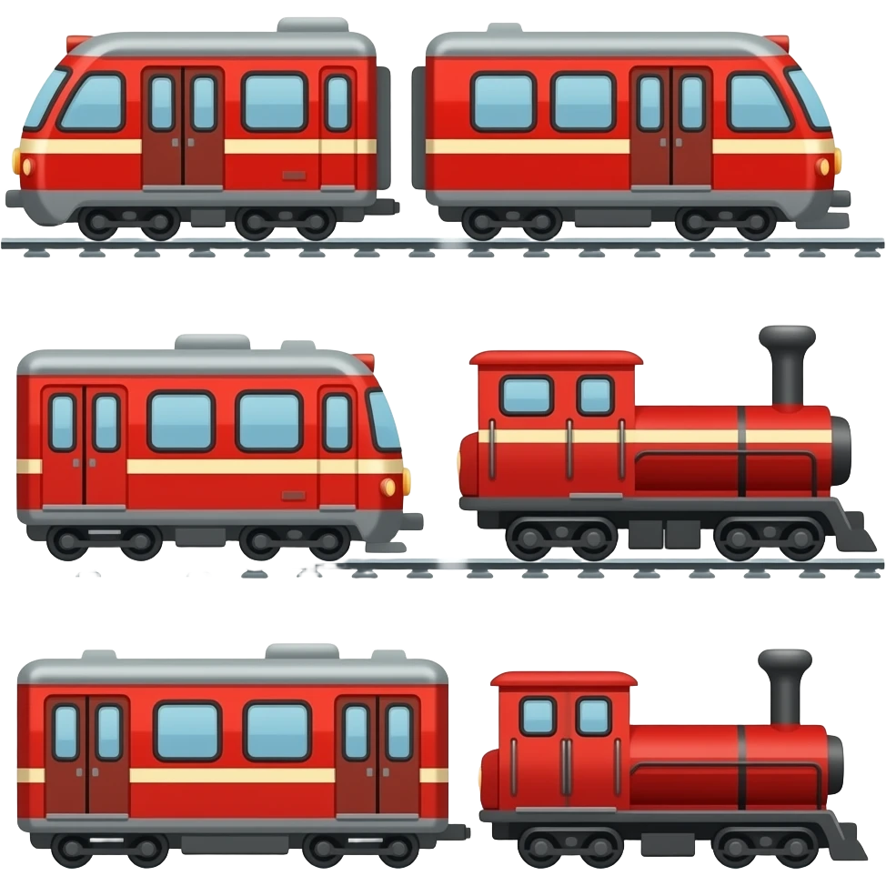 5 red trains in diffrent types emoji