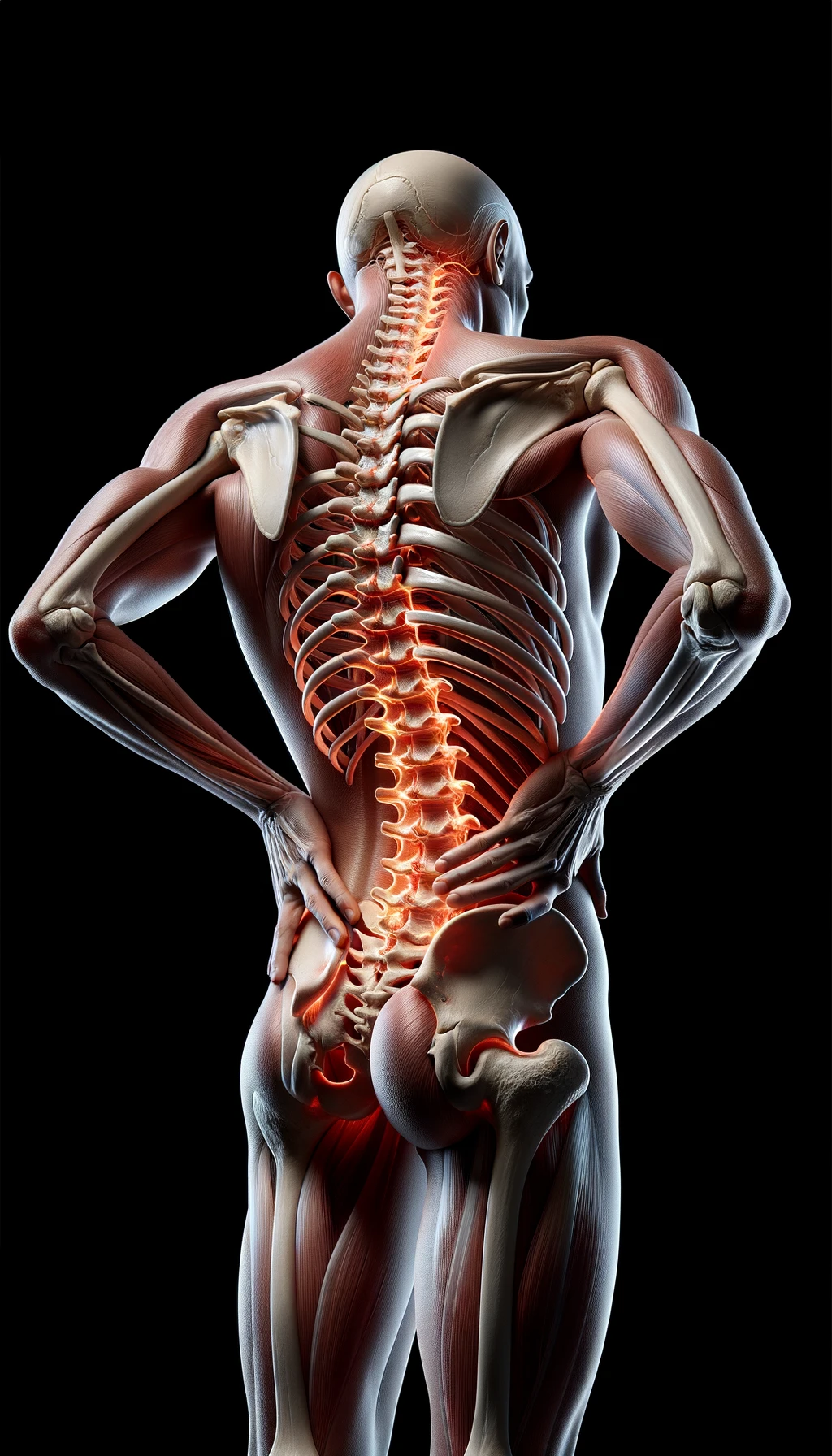 corpo umano anatomico di spalle e fisico storto, spina dorsale in evidenza, dolore alla schiena su un lato, iperrealistico 4k emoji