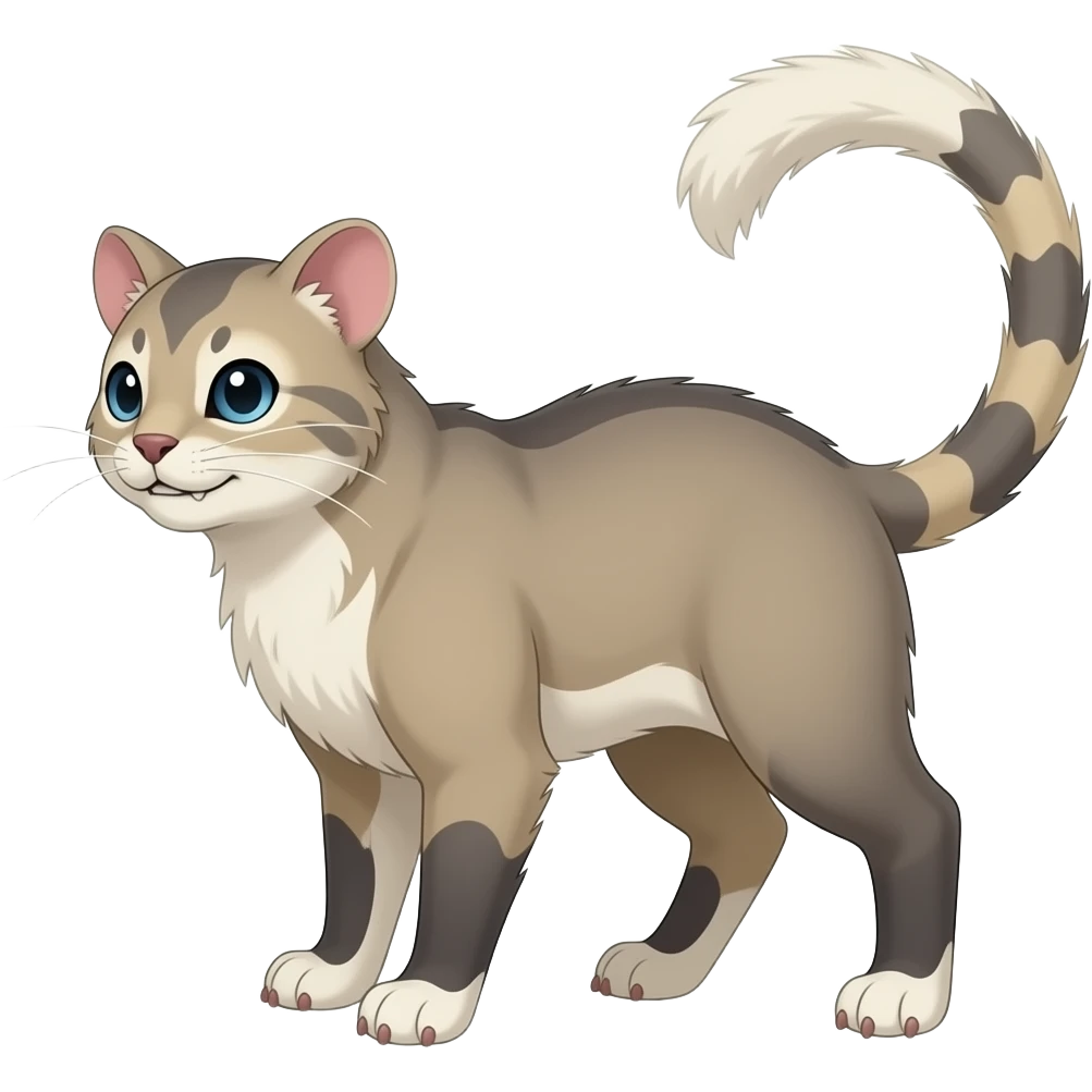 Greyish brownish beige ginger, soft realistic romantic vintage antique divine beautiful elegant pretty precious cute young youthful Fakémon-Pokémon-opossum-feline-mouse-serval-caracal-chinchilla-Minccino-Cinccino-Meowstic-rodent-hybrid-creature with a tufted tail (full body) emoji