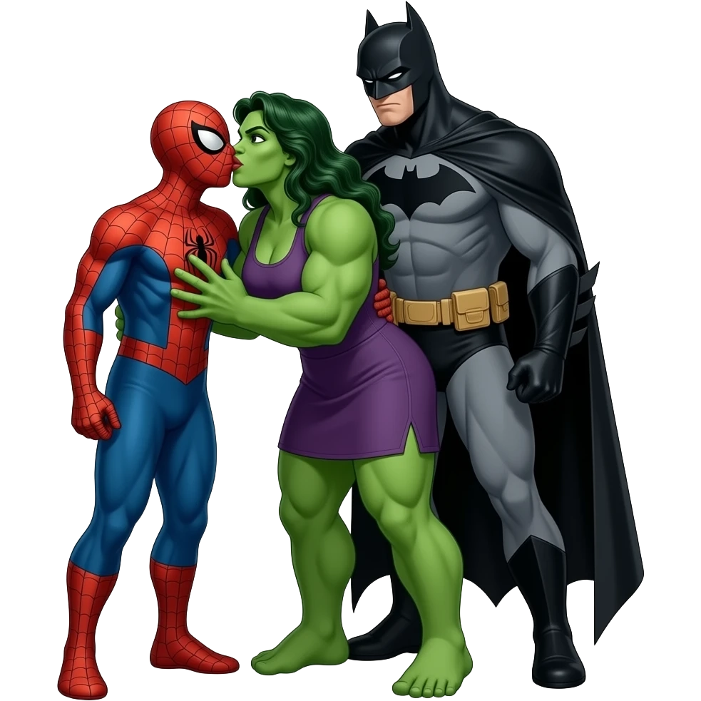 Spider man and hulk woman kiss kiss creepy, batman behing her emoji