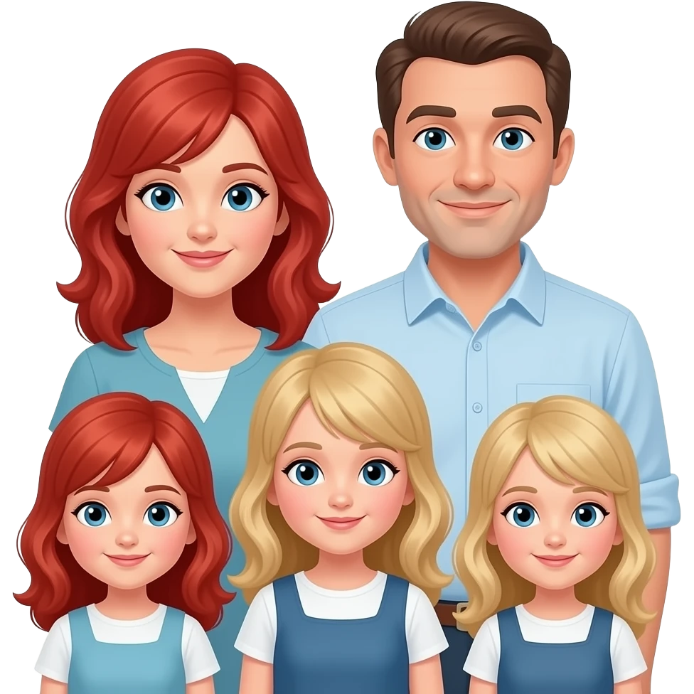 White Mom red hair, White Dad, Red Head 10 year old girl, blonde 8 year Girl, blonde year old girl emoji