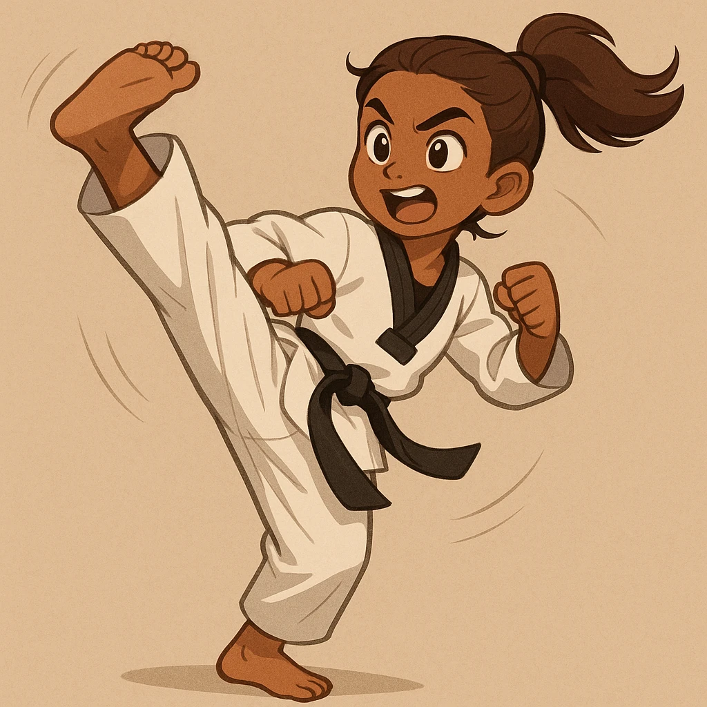 brown-skinned girl with brown hair in a ponytail performing a taekwondo kick, dynamic pose, energetic expression, simple background emoji