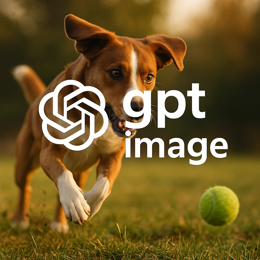  logo of chat gpt with text "gpt image" on the background of a dog chasing ball, realistic image emoji