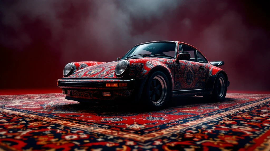 Closeup shot of a porsche 911, body of car made of russian carpet with patterns, red solid studio background, very dark room, top low key light, dutch angle, haze, captured by ARRI 65 emoji