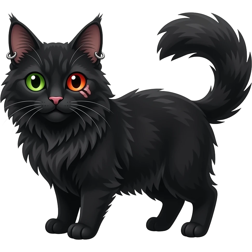 black mainecoon cat with one green eye and one red eye with scar over it and a pink nose and piercings on ears emoji