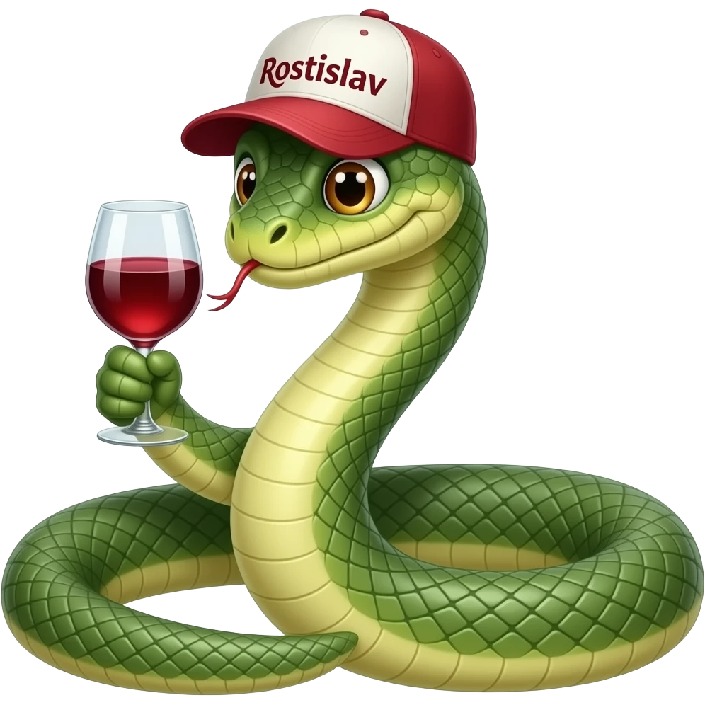 A snake in a cap with the inscription "Rostislav" drinks wine emoji