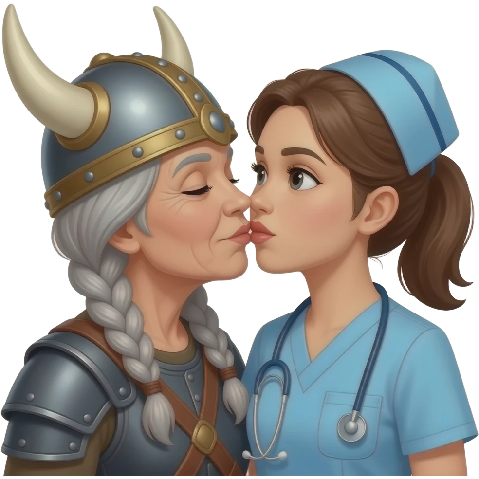 Viking helmet older woman with gray braids kissing older brunette nurse on lips emoji