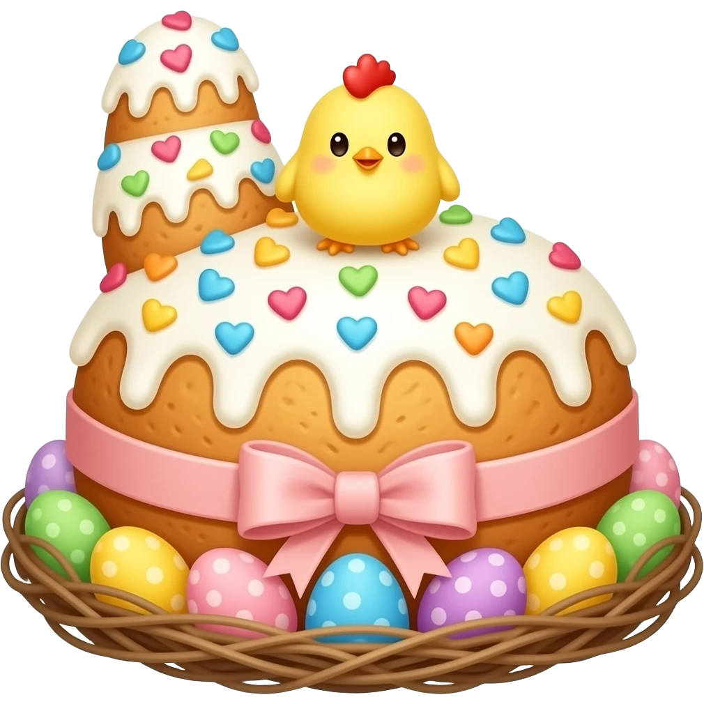 Выпечка итальянская Colomba золотистого цвета, высокий, с белой глазурью с разноцветной  посыпкой в форме сердечек,  с ленточкой вокруг светло розового цвета и украшением сверху в виде гнездышка с очень мелкими  яичками пастельных, желтым пушистым птенчиком с красным гребешком emoji